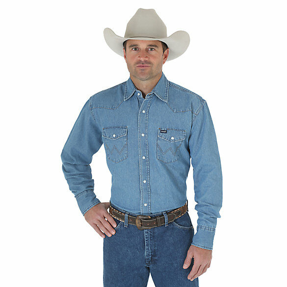 Cowboy Cut Work Western Stonewash Denim Long Sleeve Western Snap Solid Shirt