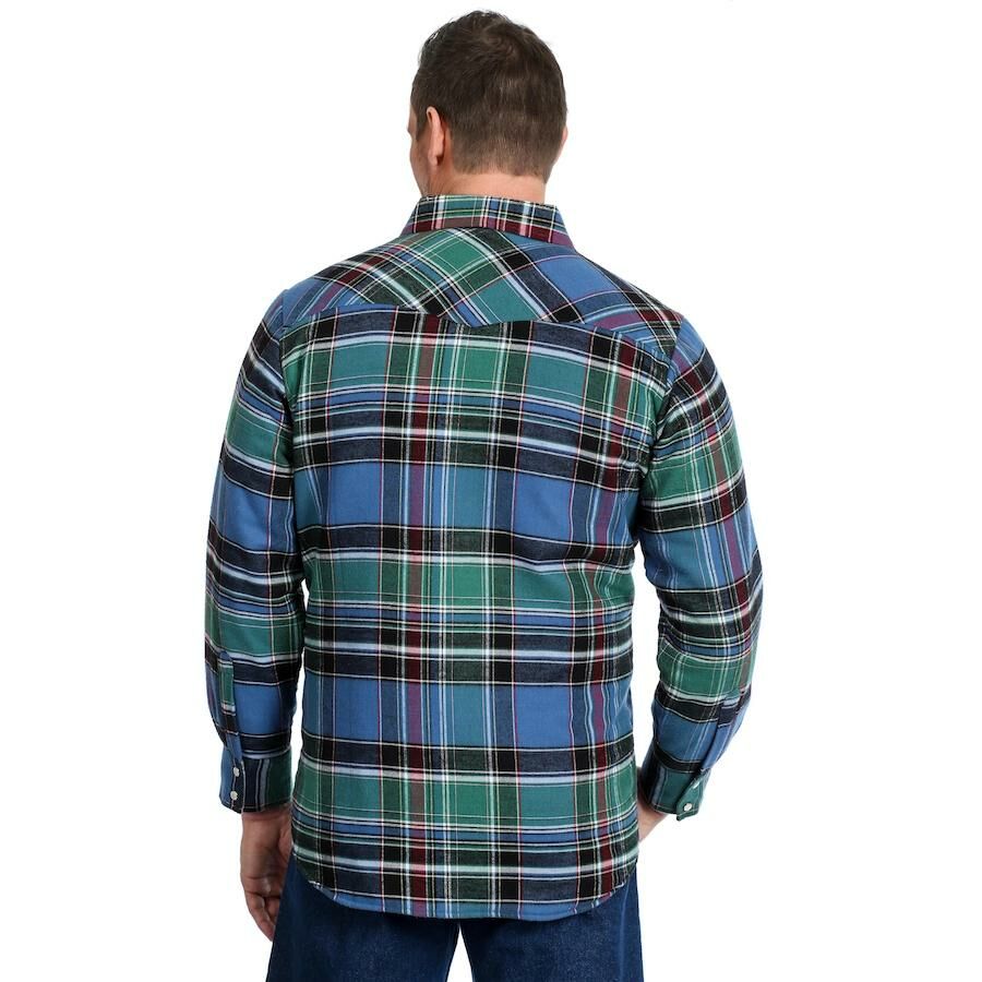 Wrangler&#xAE; Men&#x27;s Quilt Lined Long Sleeve Plaid Flannel Shirt Jacket in Blue Multi