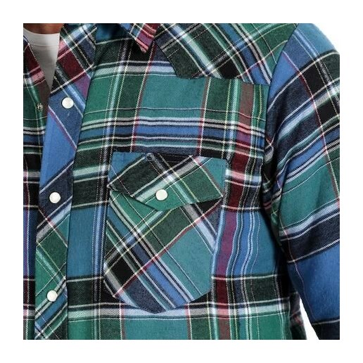 Wrangler® Men's Quilt Lined Long Sleeve Plaid Flannel Shirt Jacket in Blue Multi