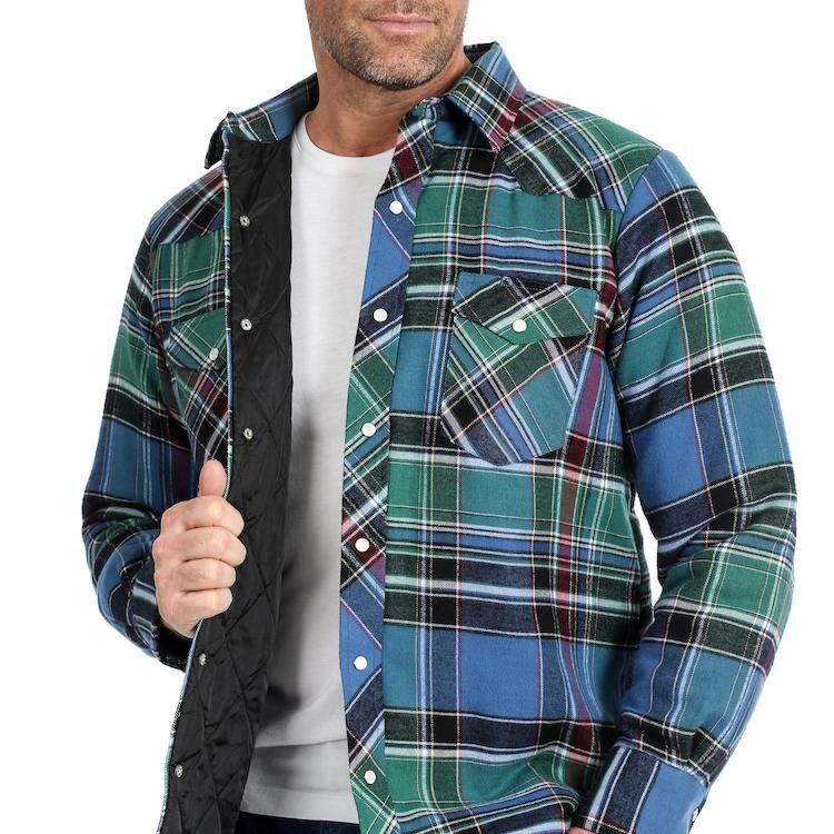 Wrangler&#xAE; Men&#x27;s Quilt Lined Long Sleeve Plaid Flannel Shirt Jacket in Blue Multi