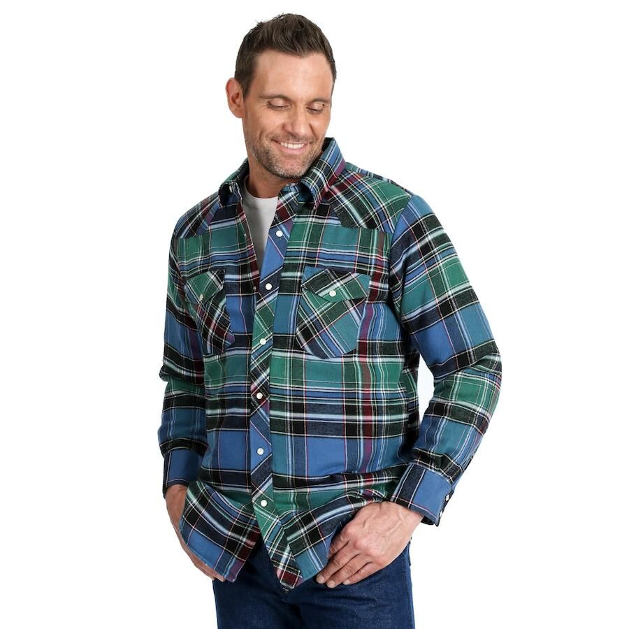 Wrangler&#xAE; Men&#x27;s Quilt Lined Long Sleeve Plaid Flannel Shirt Jacket in Blue Multi