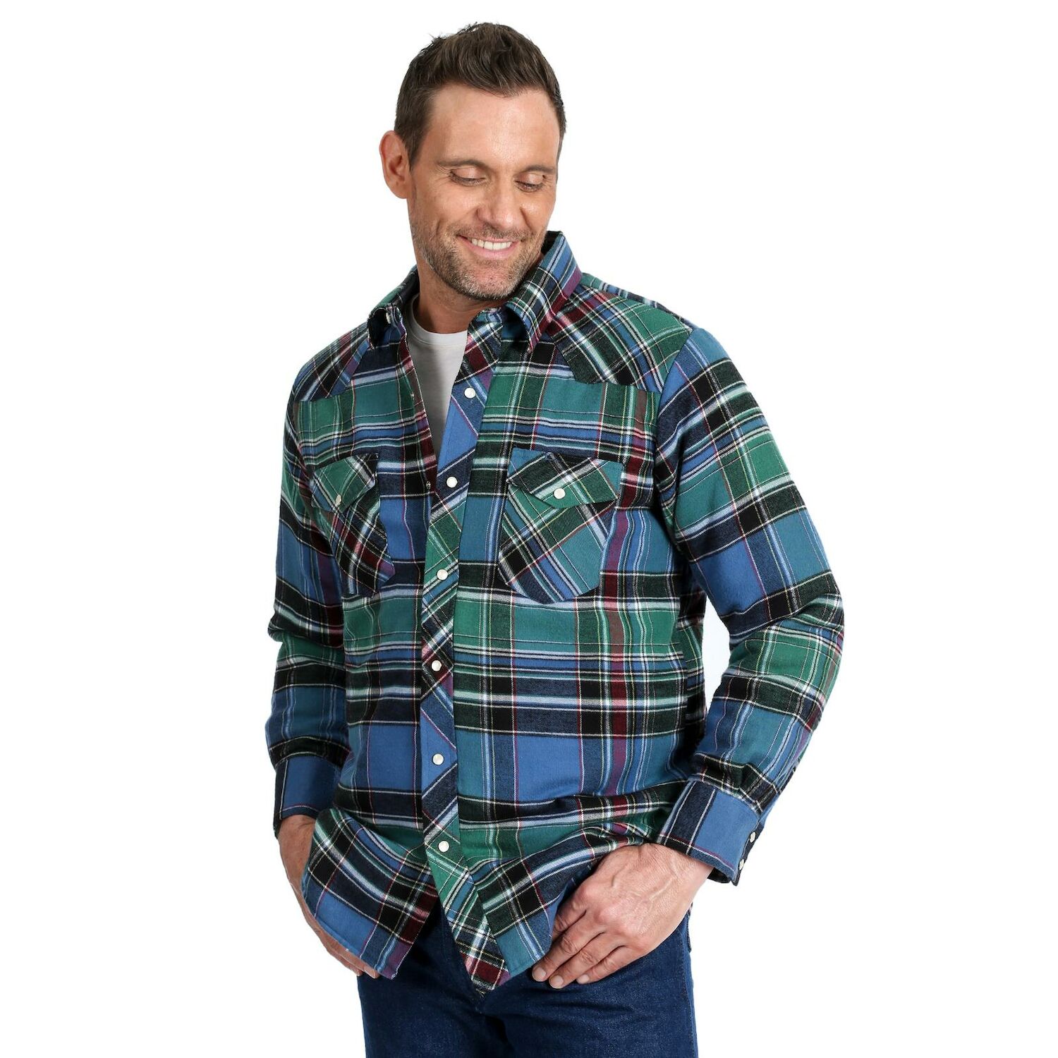 Wrangler&#xAE; Men&#x27;s Quilt Lined Long Sleeve Plaid Flannel Shirt Jacket in Blue Multi