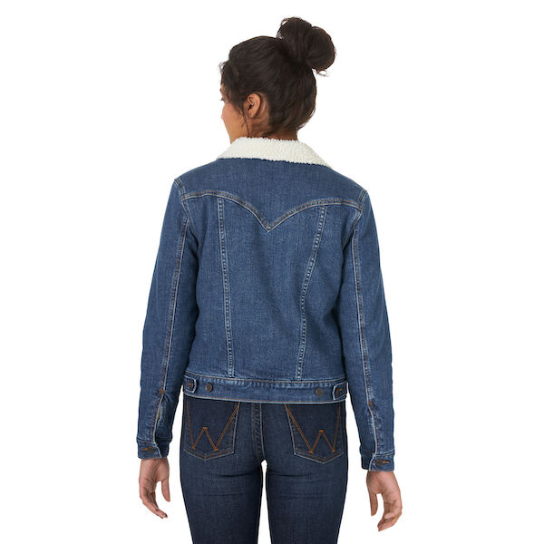Wrangler® Women's Long Sleeve Sherpa Lined Denim Jacket in Blue Denim