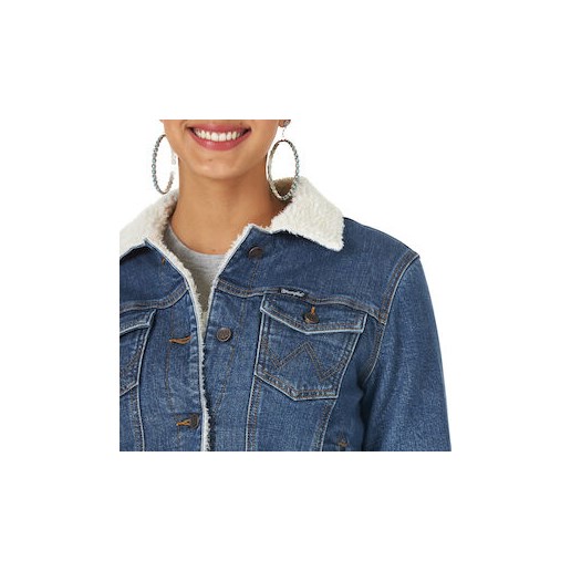 Wrangler® Women's Long Sleeve Sherpa Lined Denim Jacket in Blue Denim