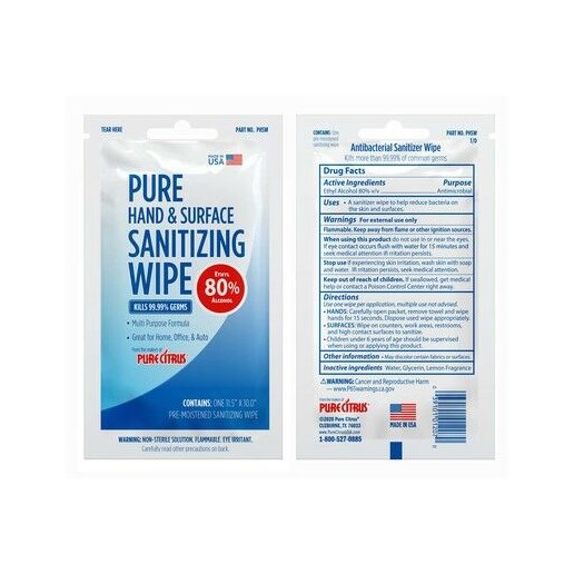 Pure Hand and Surface Sanitizing Wipe, Single Pack