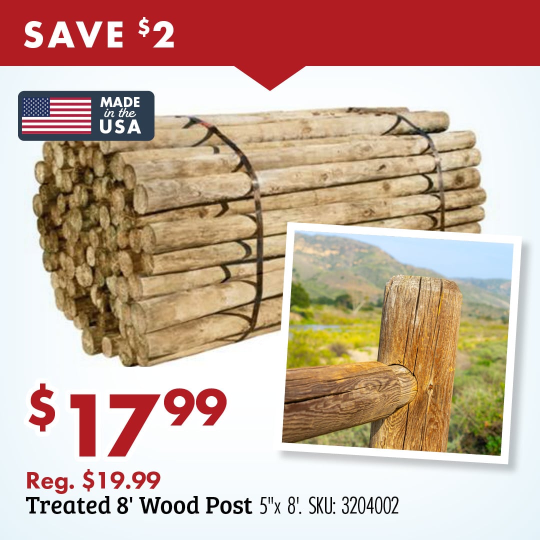 SAVE $2 $17.99 Reg. $19.99 Treated 8' Wood Post 5"x8'. SKU: 3204002