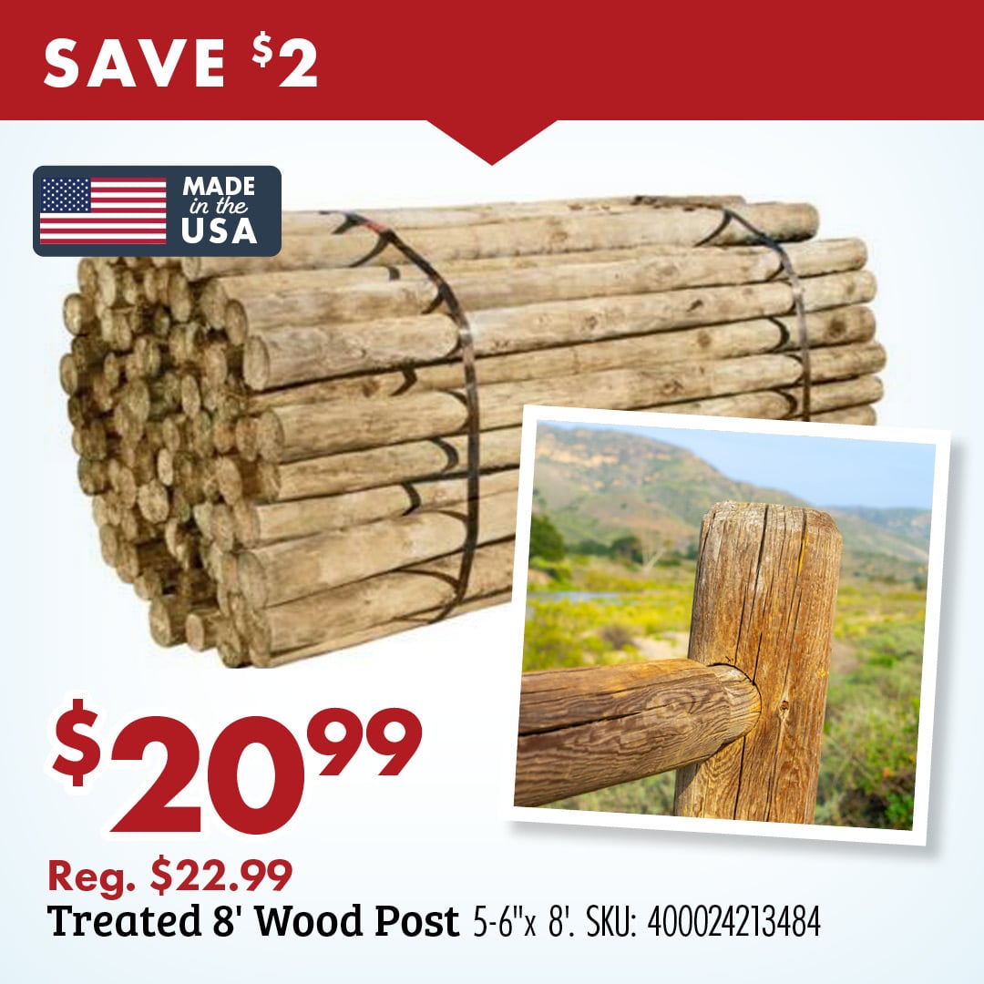 SAVE $2 MADE in the USA $20.99 Reg. $22.99 Treated 8' Wood Post 5-6"x 8'. SKU: 400024213484