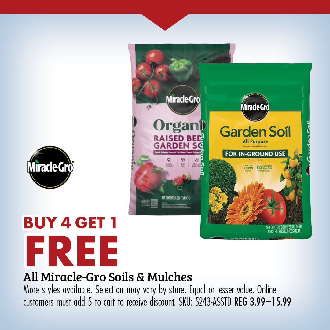 BUY 4 GET 1 FREE All Miracle-Gro Soils & Mulches More styles available. Selection may vary by store. Equal or lesser value. Online customers must add 5 to cart to receive the discount. SKU: 5243-ASSTD REG 3.99-15.99