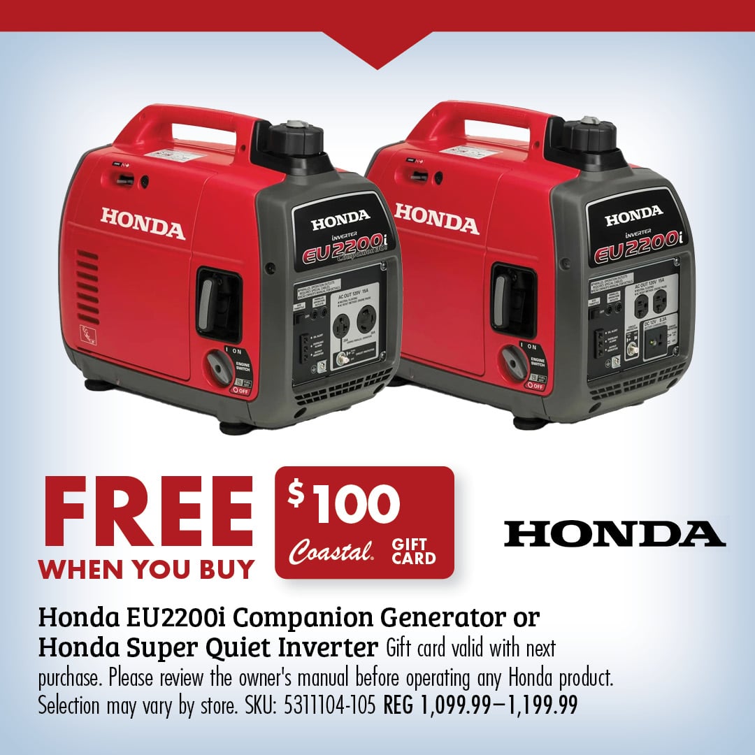 FREE $100 GIFT CARD WHEN YOU BUY Honda EU2200i Companion Generator or Honda Super Quiet Inverter