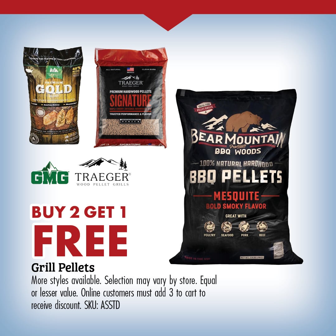 BUY 2 GET 1 FREE Grill Pellets More styles available. Selection may vary by store. Equal or lesser value. Online customers must add 3 to their cart to receive discount. SKU: ASSTD
