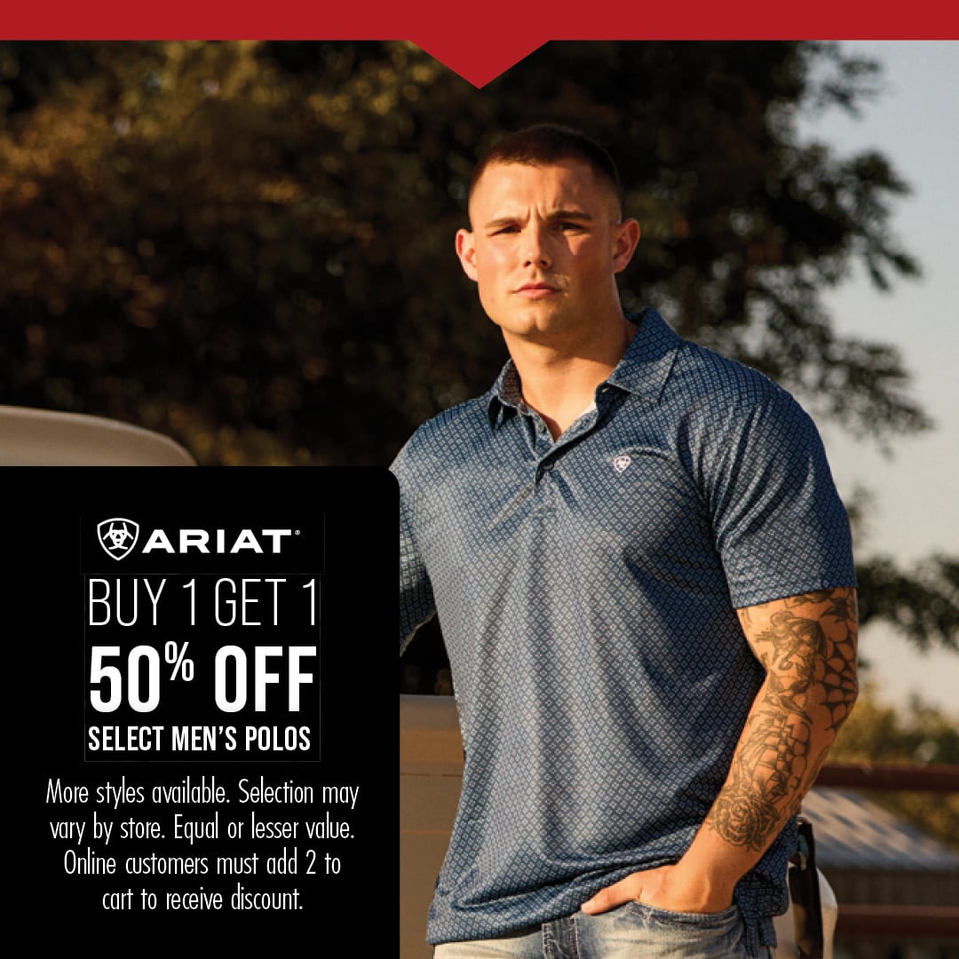 BUY 1 GET 1 50% OFF SELECT MEN'S POLOS More styles available. Selection may vary by store. Equal or lesser value. Online customers must add 2 to cart to receive discount.