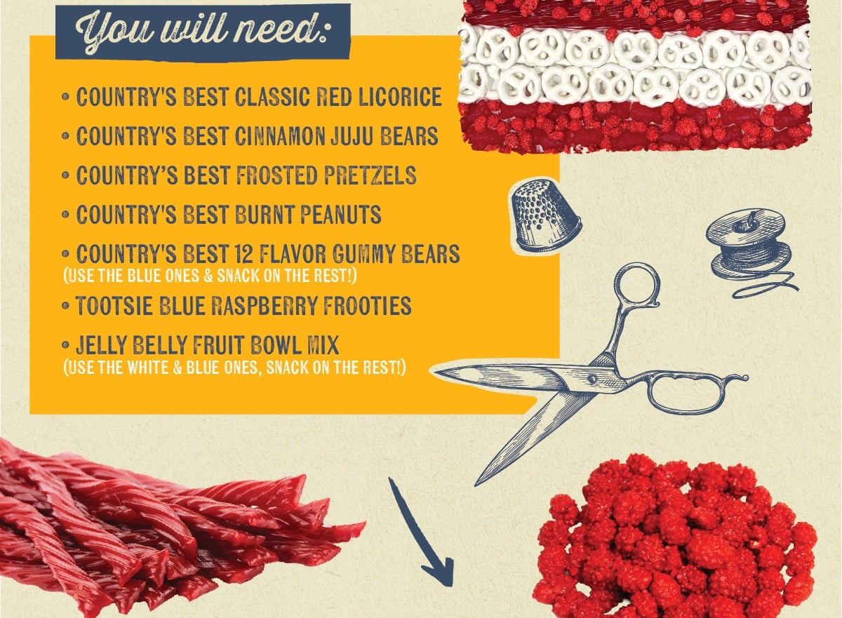  &bull; You will need: COUNTRY'S BEST CLASSIC RED LICORICE &bull; COUNTRY'S BEST CINNAMON JUJU BEARS COUNTRY'S BEST FROSTED PRETZELS &bull; COUNTRY'S BEST BURNT PEANUTS COUNTRY'S BEST 12 FLAVOR GUMMY BEARS (USE THE BLUE ONES & SNACK ON THE REST!) &bull; TOOTSIE BLUE RASPBERRY FROOTIES JELLY BELLY FRUIT BOWL MIX (USE THE WHITE & BLUE ONES, SNACK ON THE REST!)
