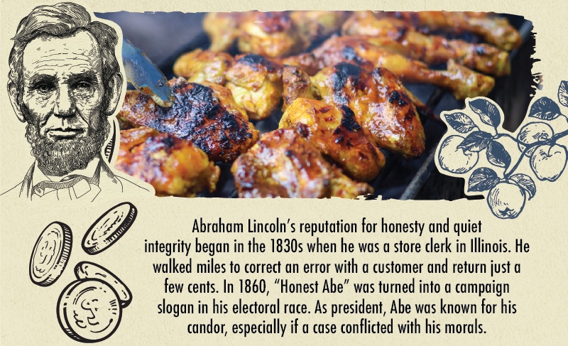  Abraham Lincoln HONEST ABE APPLEWOOD-SMOKED CHICKEN WINGS Abraham Lincoln's reputation for honesty and quiet integrity began in the 1830s when he was a store clerk in Illinois. He walked miles to correct an error with a customer and return just a few cents. In 1860, "Honest Abe" was turned into a campaign slogan in his electoral race. As president, Abe was known for his candor, especially if a case conflicted with his morals.