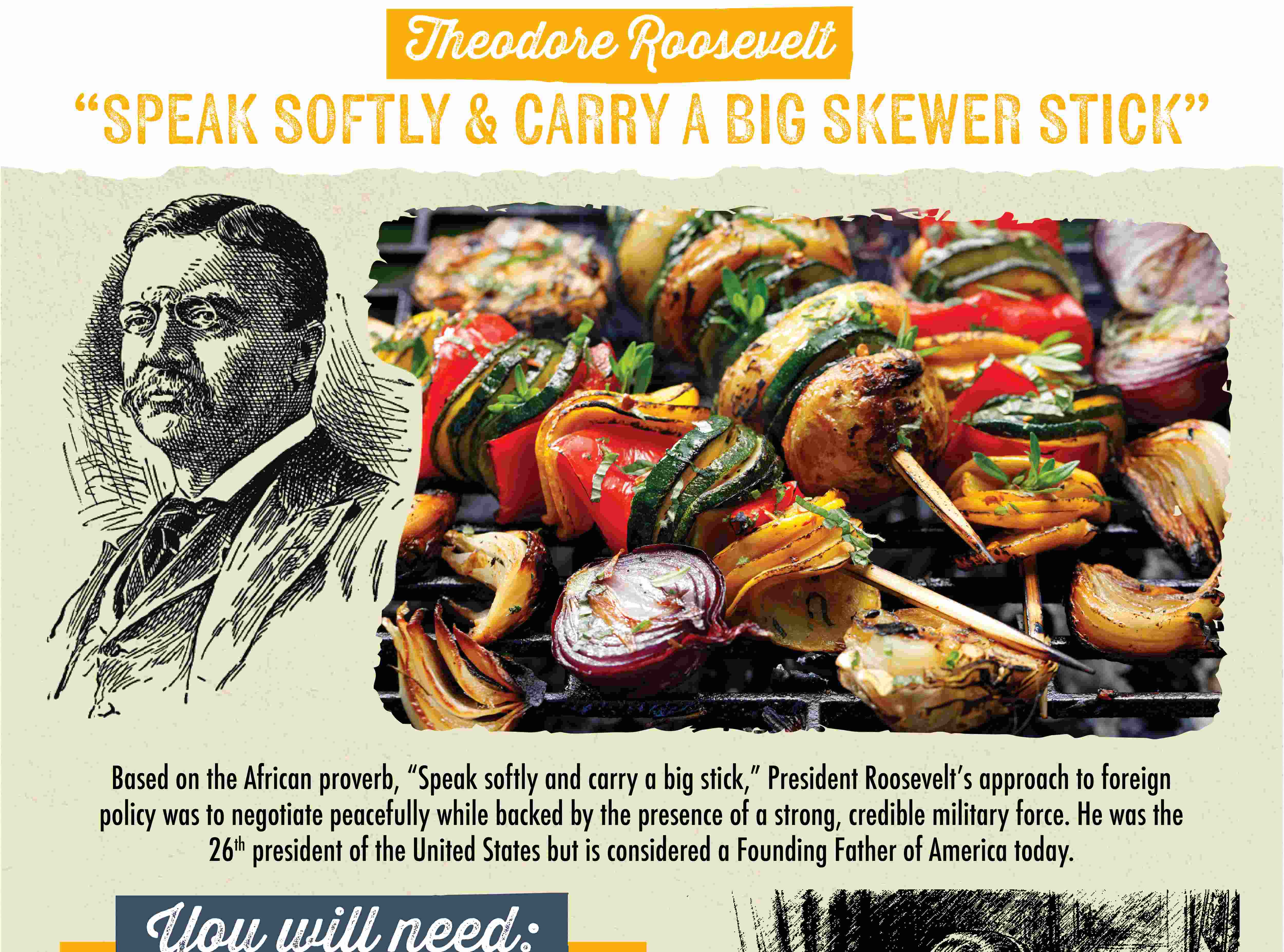 Theodore Roosevelt "SPEAK SOFTLY & CARRY A BIG SKEWER STICK" Based on the African proverb, "Speak softly and carry a big stick," President Roosevelt's approach to foreign policy was to negotiate peacefully while backed by the presence of a strong, credible military force. He was the 26th president of the United States but is considered a Founding Father of America today. You will need: