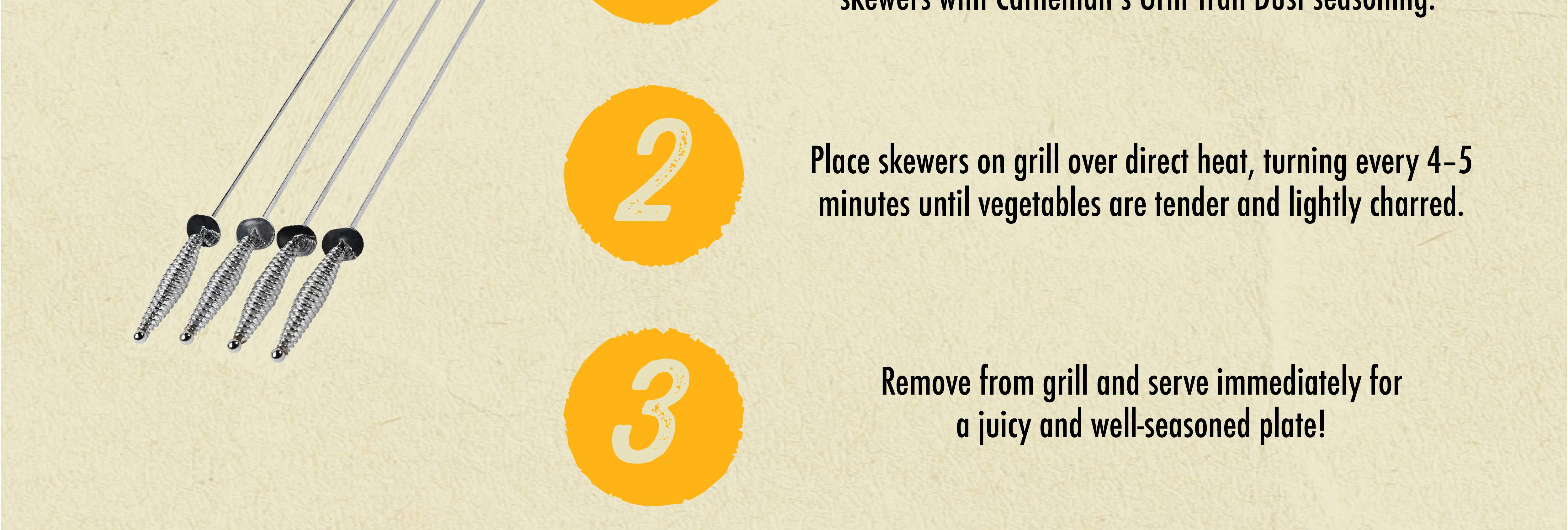 Place skewers on grill over direct heat, turning every 4-5 minutes until vegetables are tender and lightly charred. Remove from grill and serve immediately for a juicy and well-seasoned plate!